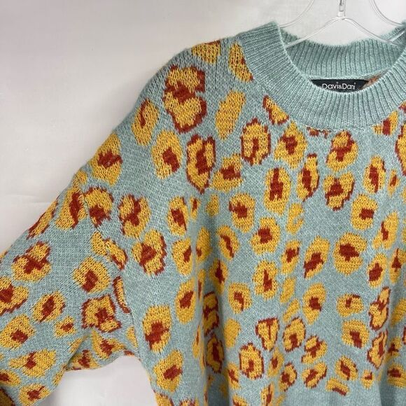 Davi & Dani Womens Animal Print Sweater Balloon Long Sleeve  Blue Yellow 2XL - Picture 8 of 10